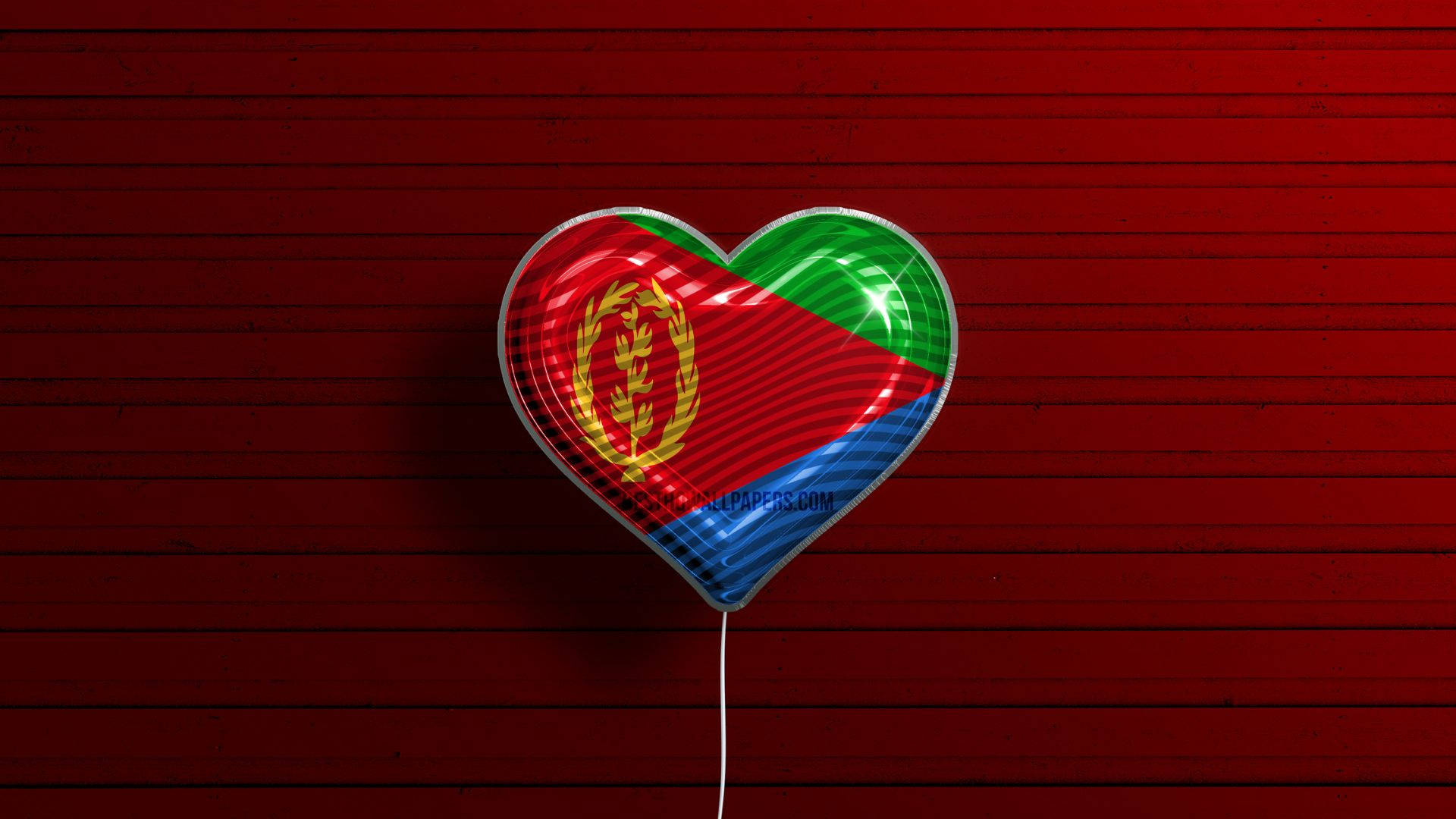 Eritrea flag, glossy heart-shaped balloon, textured red wooden background, Full HD Desktop Wallpaper