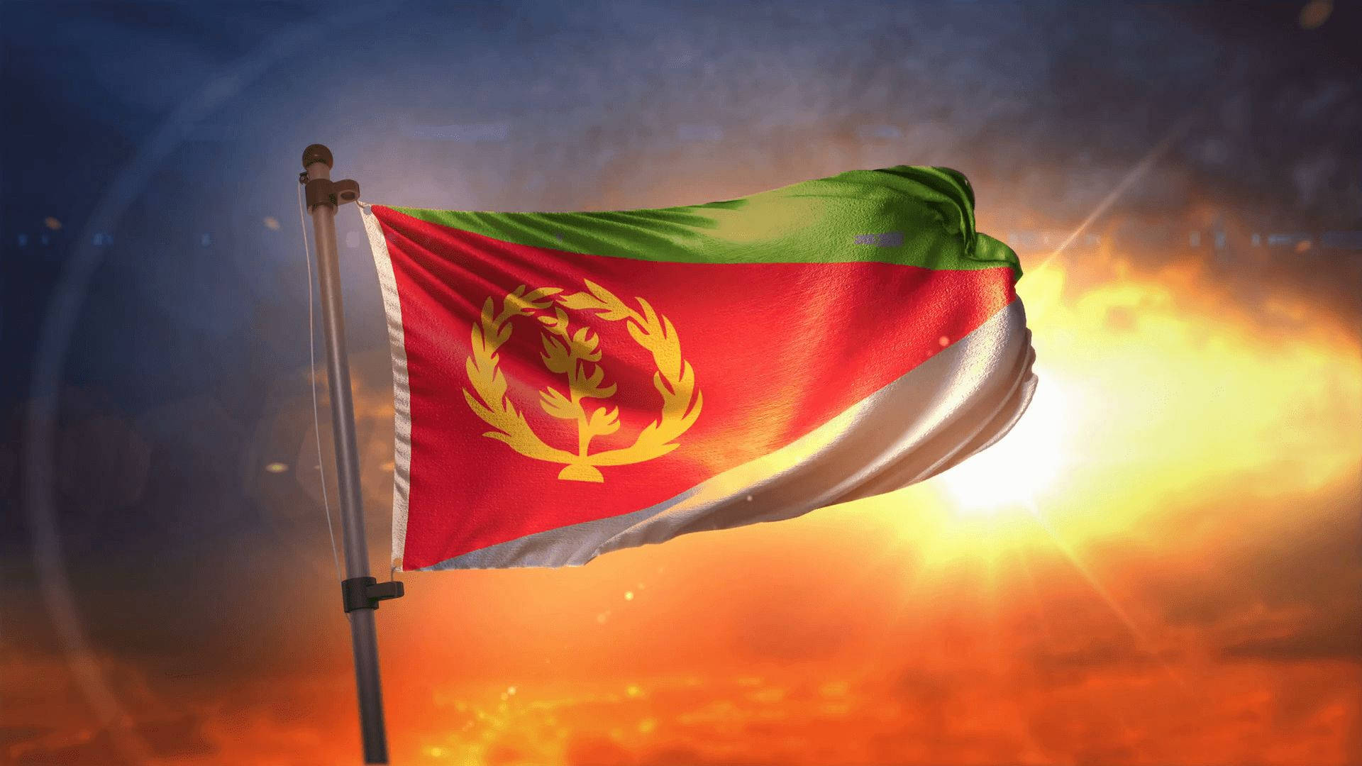 Eritrea flag, fiery sunset sky, glowing sun rays, Full HD Desktop Wallpaper