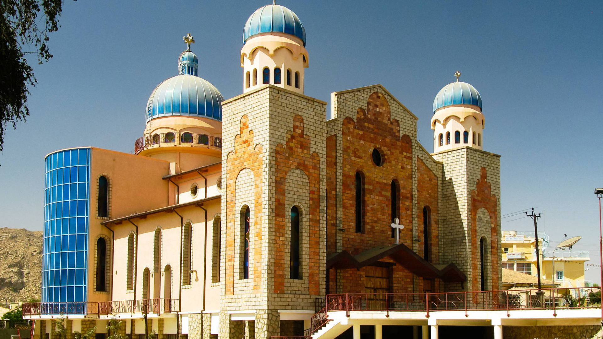 Eritrea, mosque, blue domes, Full HD Desktop Wallpaper