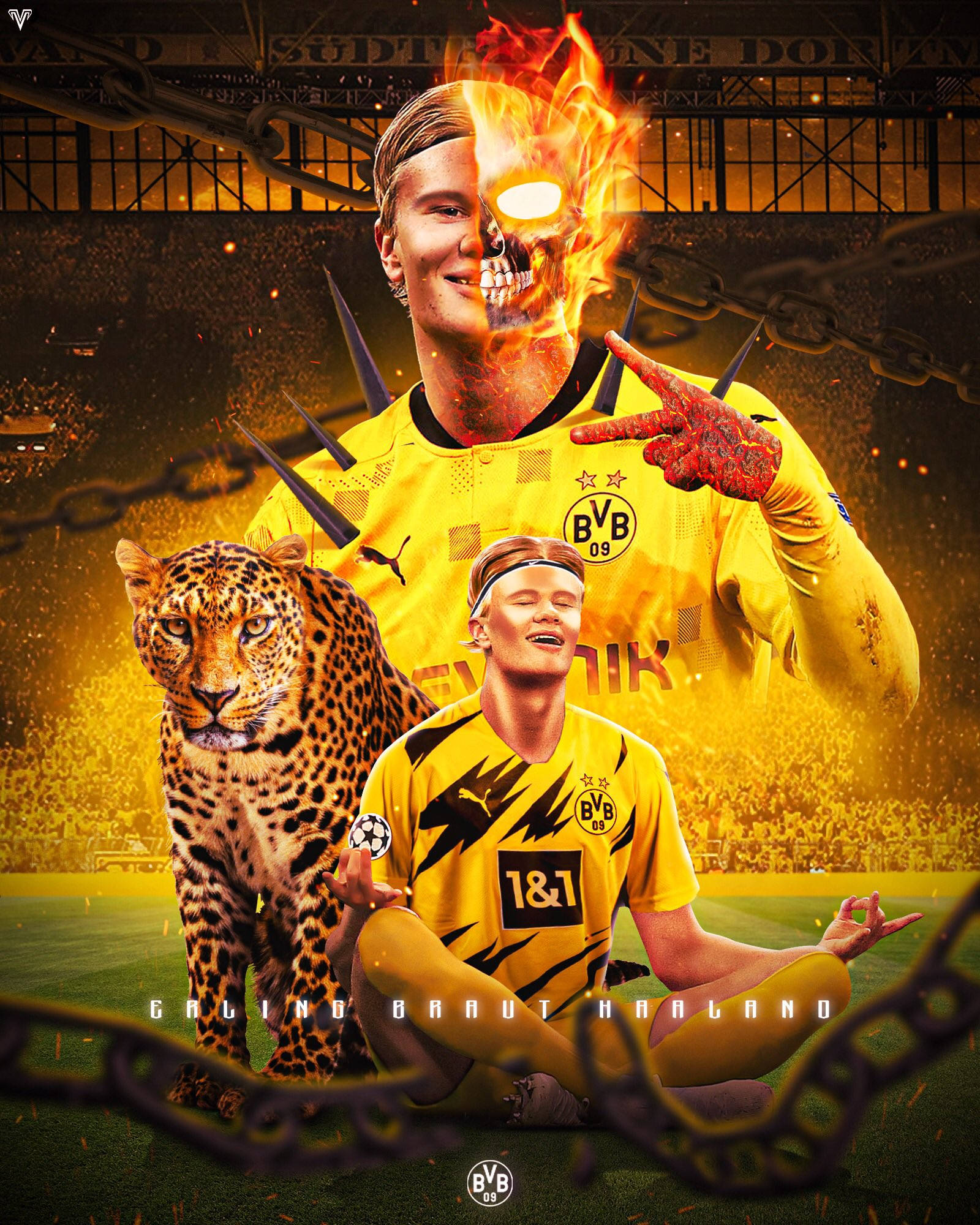 Erling Haaland, yellow jersey, leopard, Full HD Phone Wallpaper