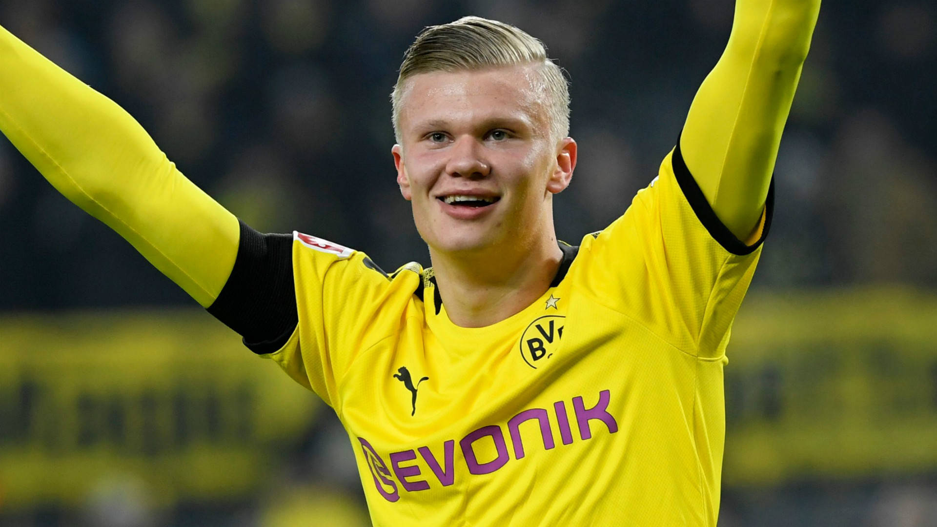 Erling Haaland, yellow Borussia Dortmund jersey, stadium crowd, Full HD Desktop Wallpaper