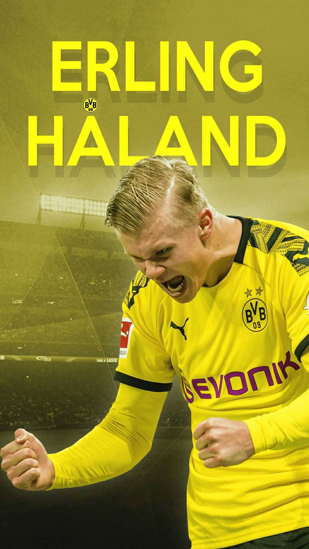 Erling Haaland, yellow Borussia Dortmund jersey, stadium backdrop, Full HD Phone Wallpaper