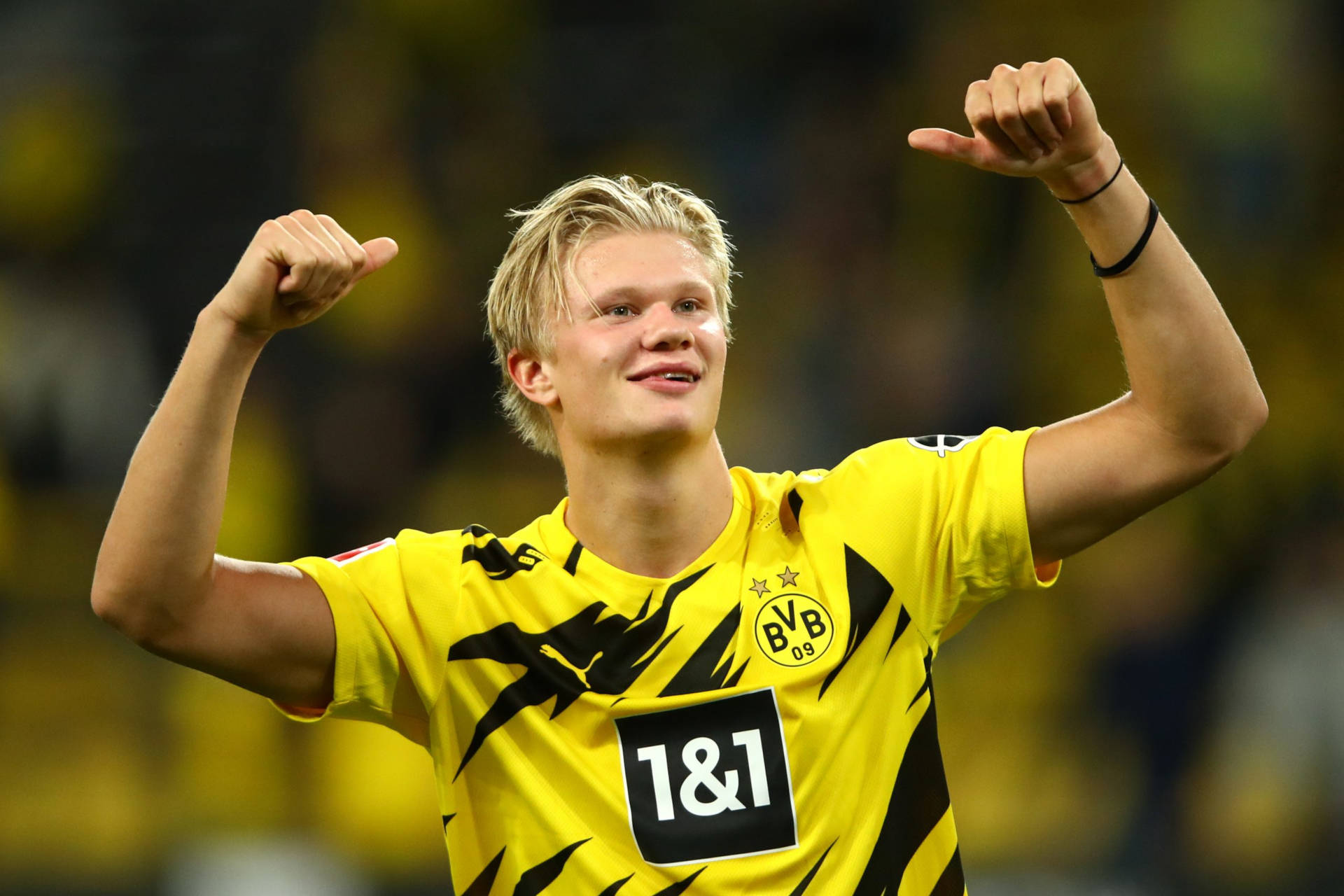 Erling Haaland, yellow and black jersey, stadium crowd, Full HD Desktop Wallpaper