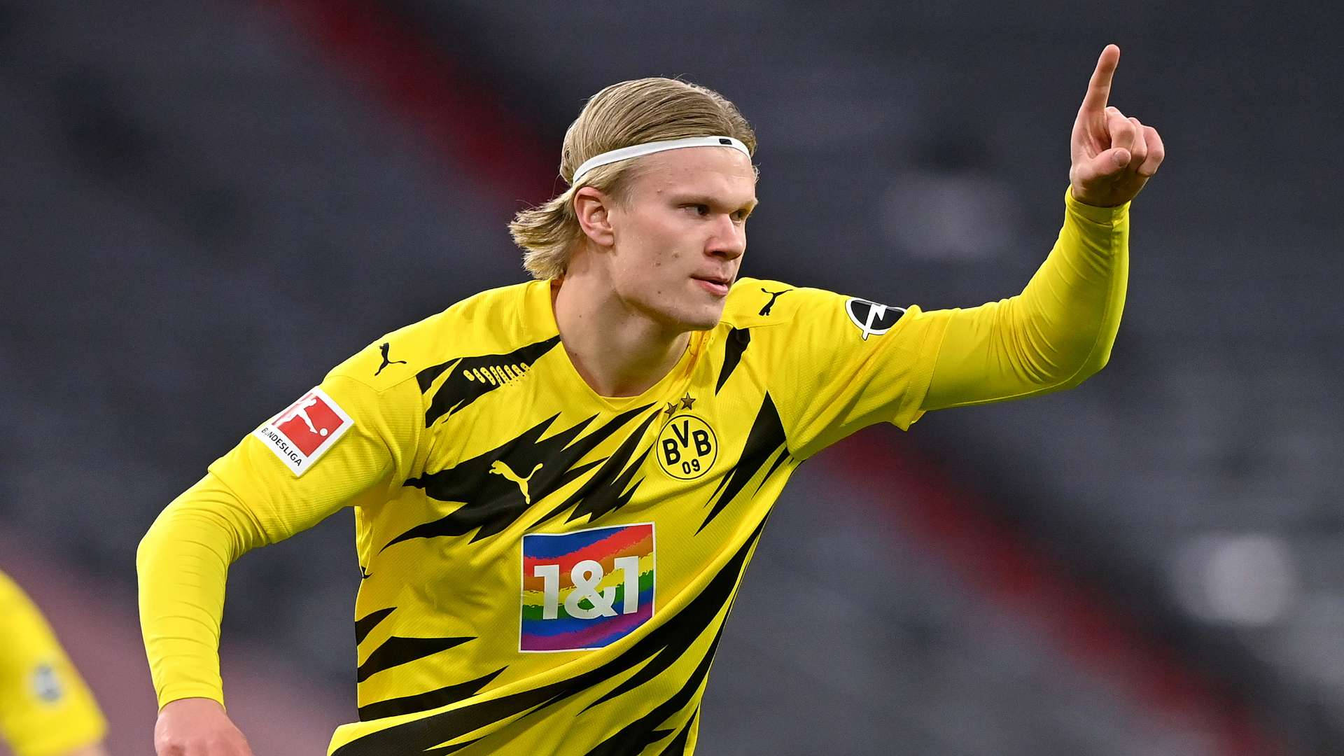 Erling Haaland, yellow and black striped jersey, football player, Full HD Desktop Wallpaper