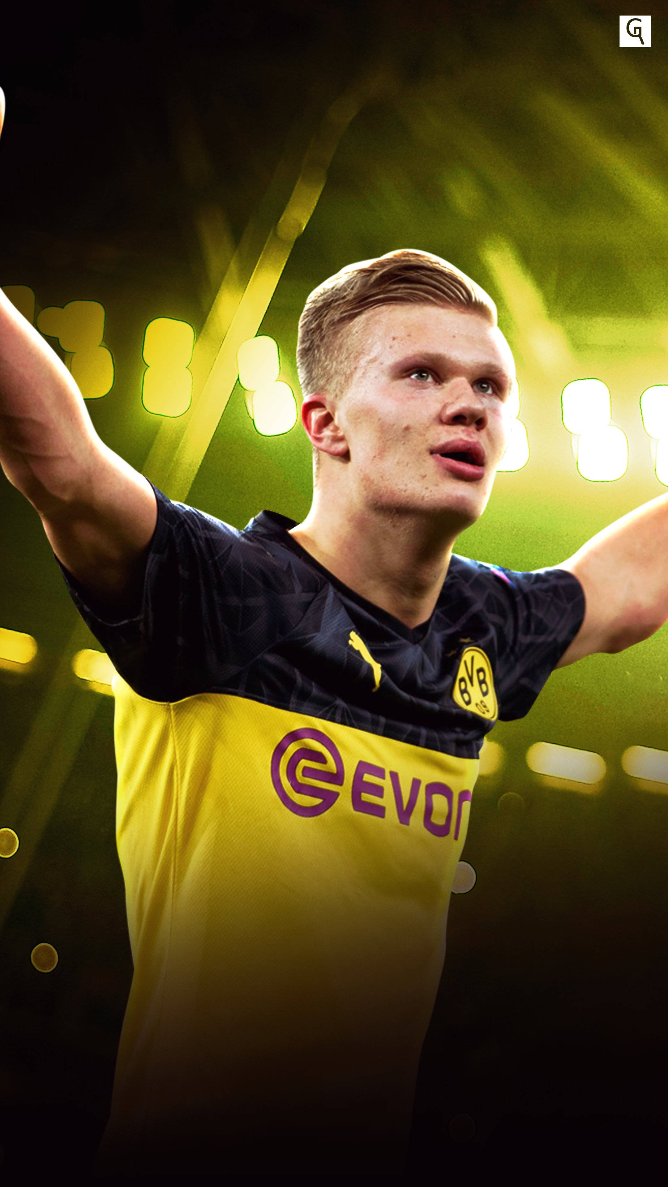 Erling Haaland, yellow and black jersey, stadium lights, 4K Phone Wallpaper