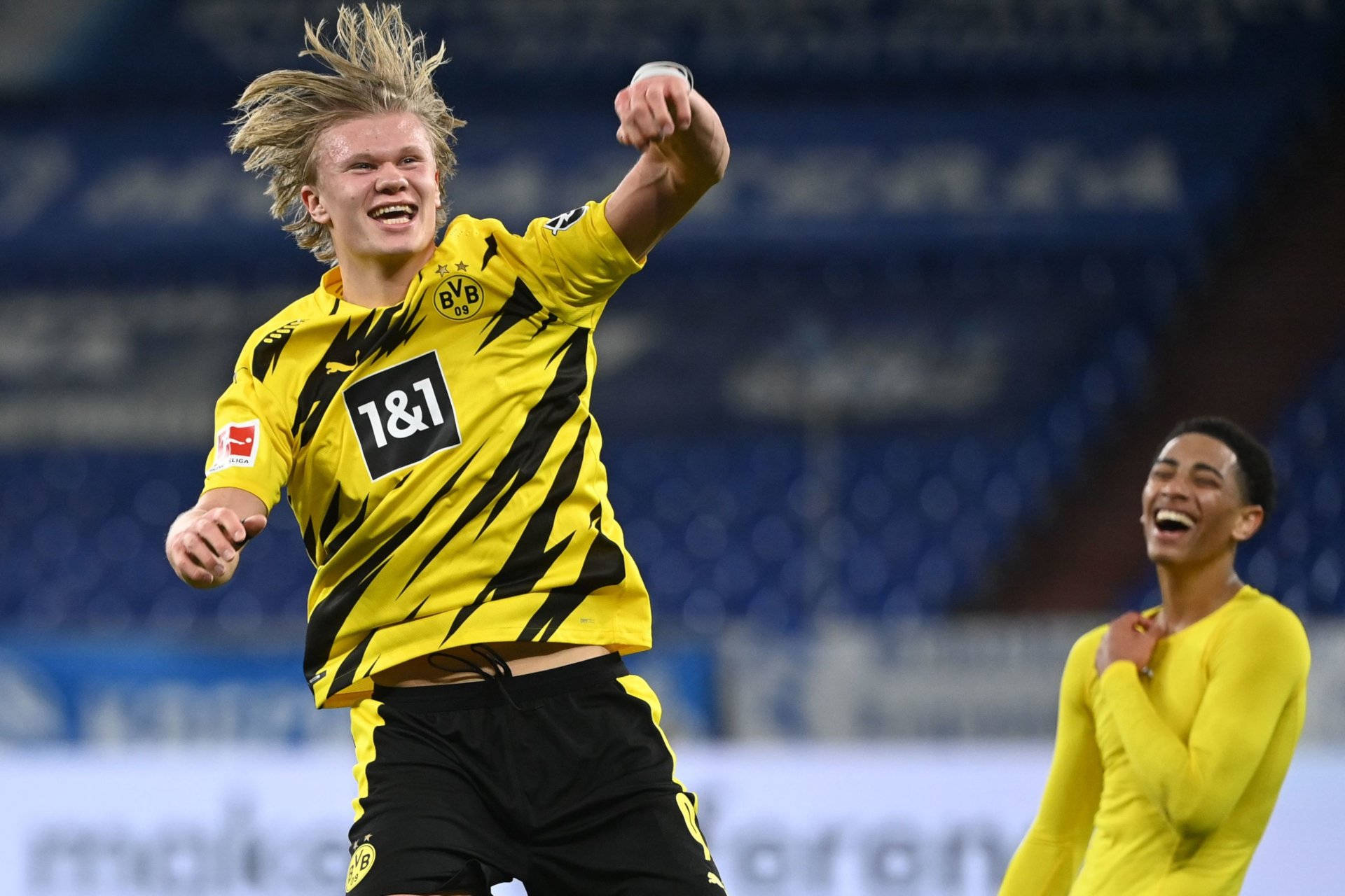 Erling Haaland, yellow and black striped jersey, stadium field, Full HD Desktop Wallpaper