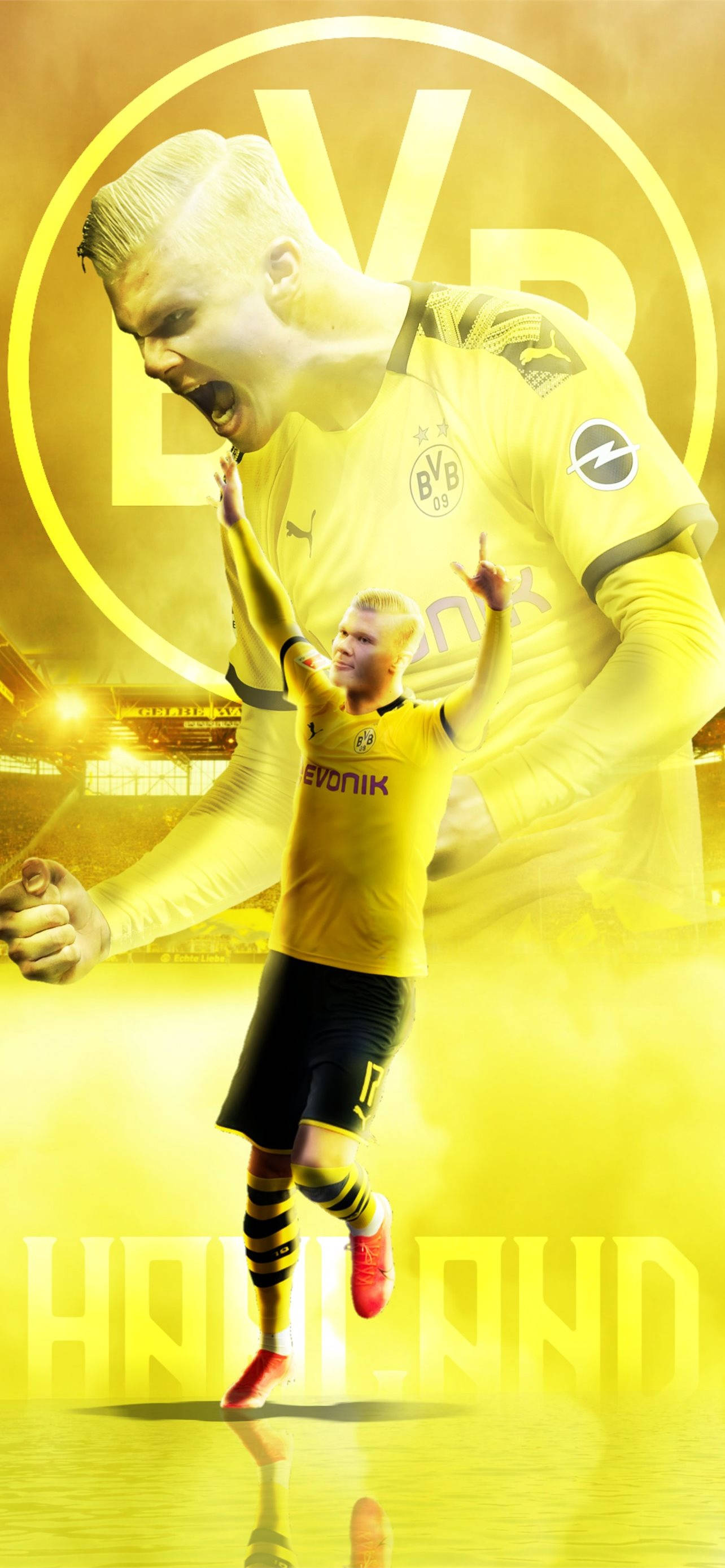 Erling Haaland, yellow jersey, glowing silhouette, 2K Phone Wallpaper