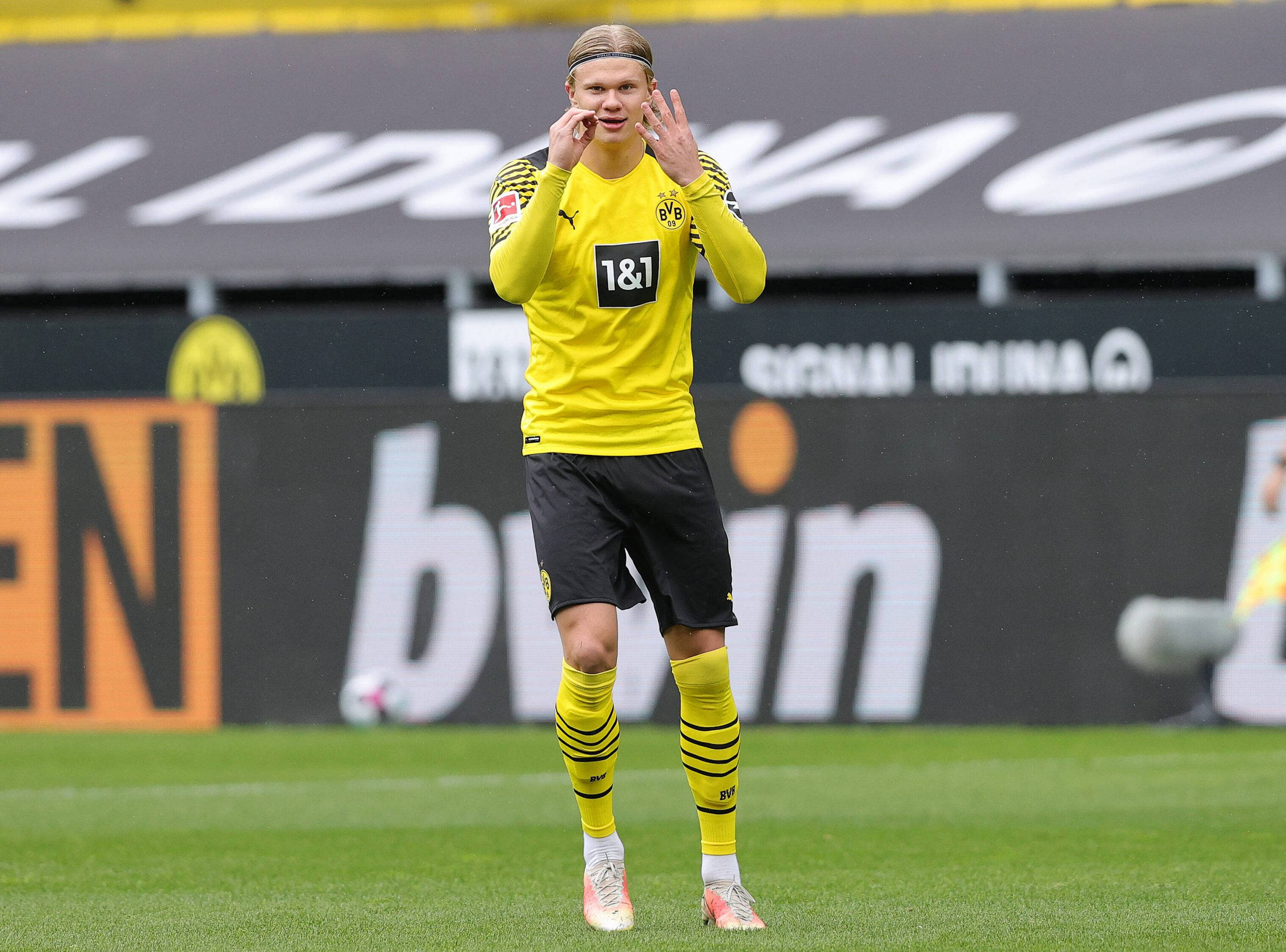 Erling Haaland, yellow and black uniform, green pitch, 2K Desktop Wallpaper