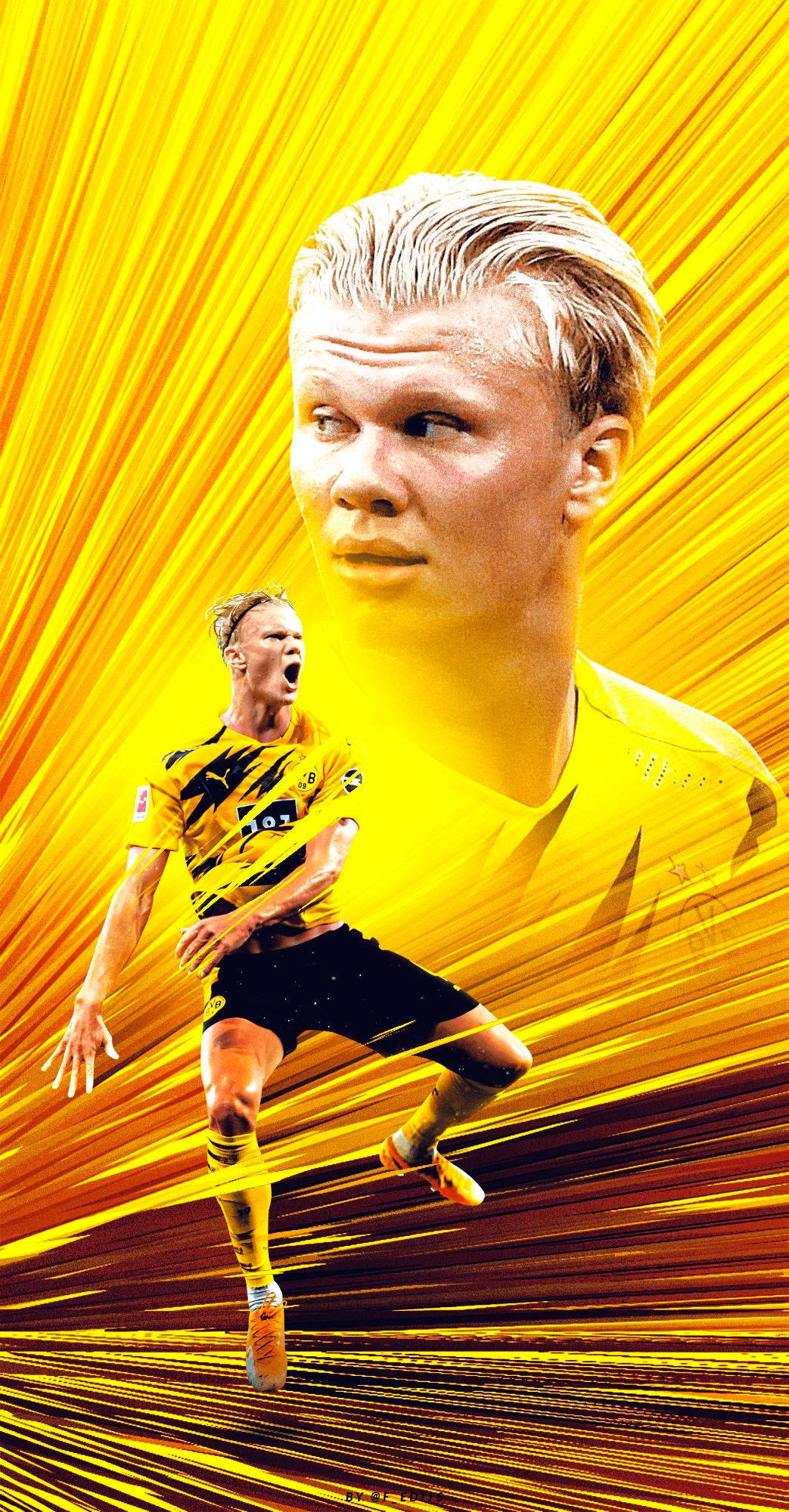 Erling Haaland, yellow jersey, golden streaked background, Full HD Phone Wallpaper