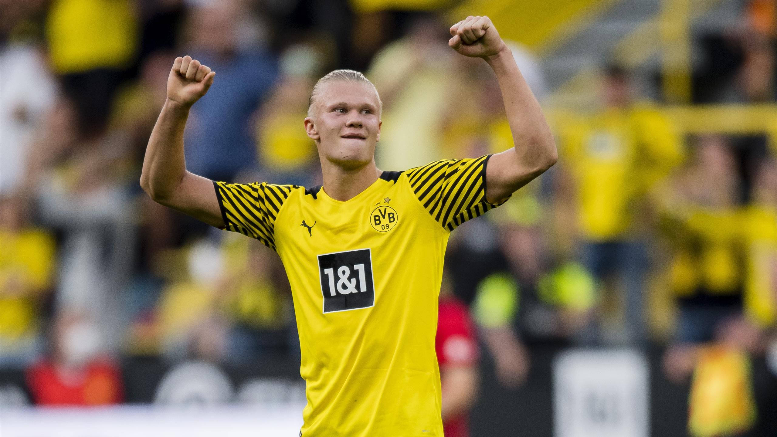 Erling Haaland, yellow and black striped jersey, stadium field, 2K Desktop Wallpaper