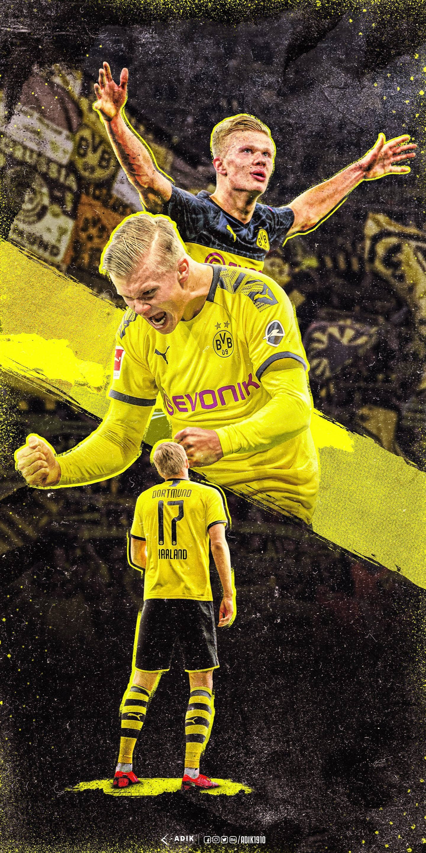 Erling Haaland, yellow Borussia Dortmund kit, celebrating with arms raised and clenched fist, 2K Phone Wallpaper