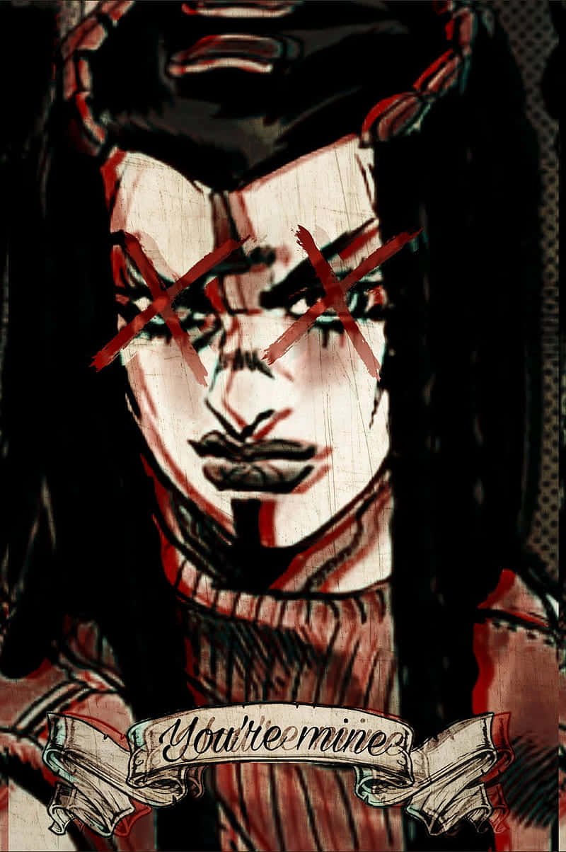 Ermes Costello, red X's over eyes, banner reading you're mine, SD Phone Wallpaper