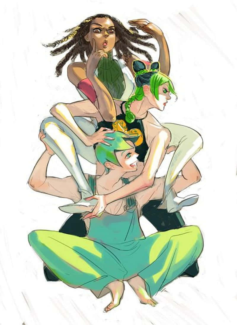 Ermesand Stands, anime-style women, vibrant green outfits, SD Phone Wallpaper