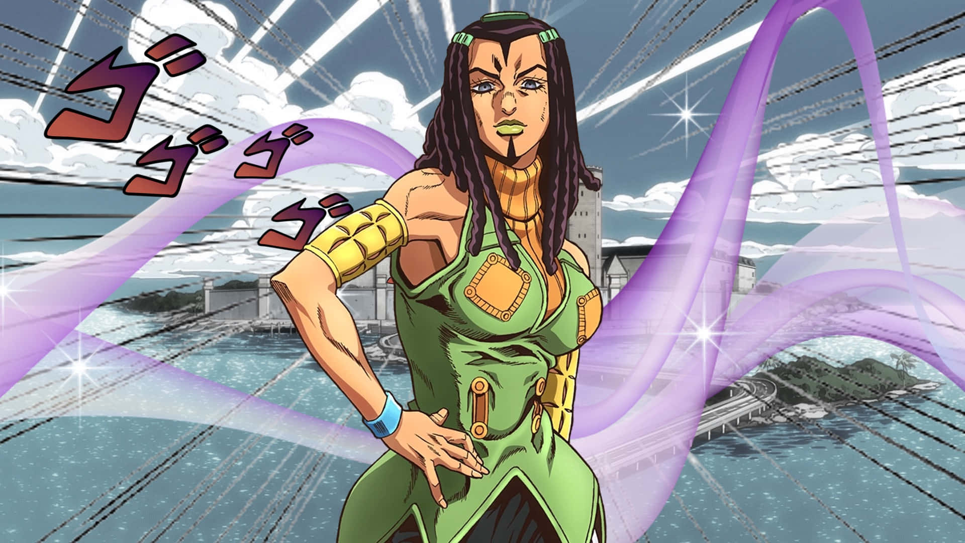 Ermes Costello, green armor, purple energy waves, Full HD Desktop Wallpaper