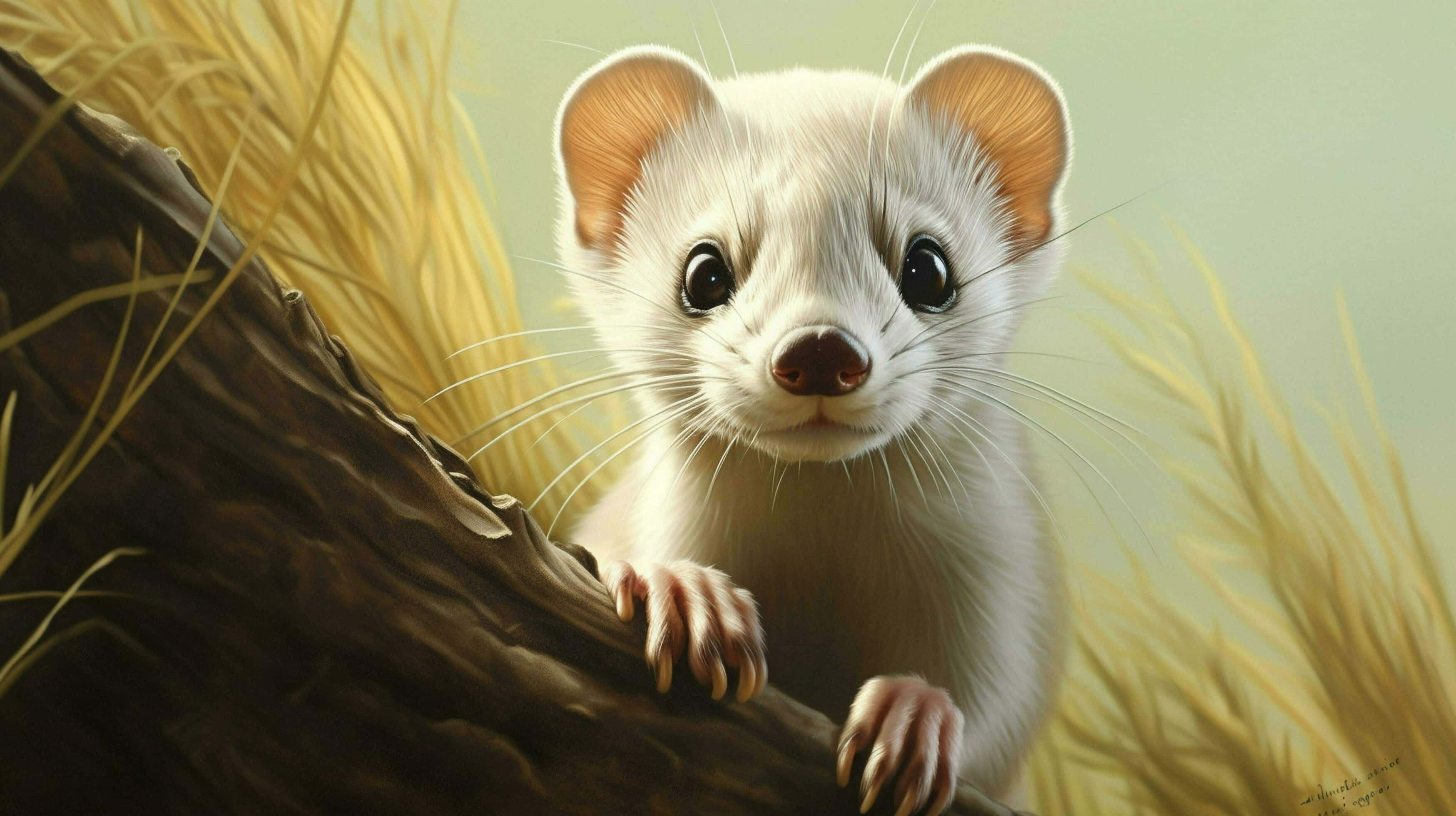 Ermine, grassy field, mossy log, 2K Desktop Wallpaper