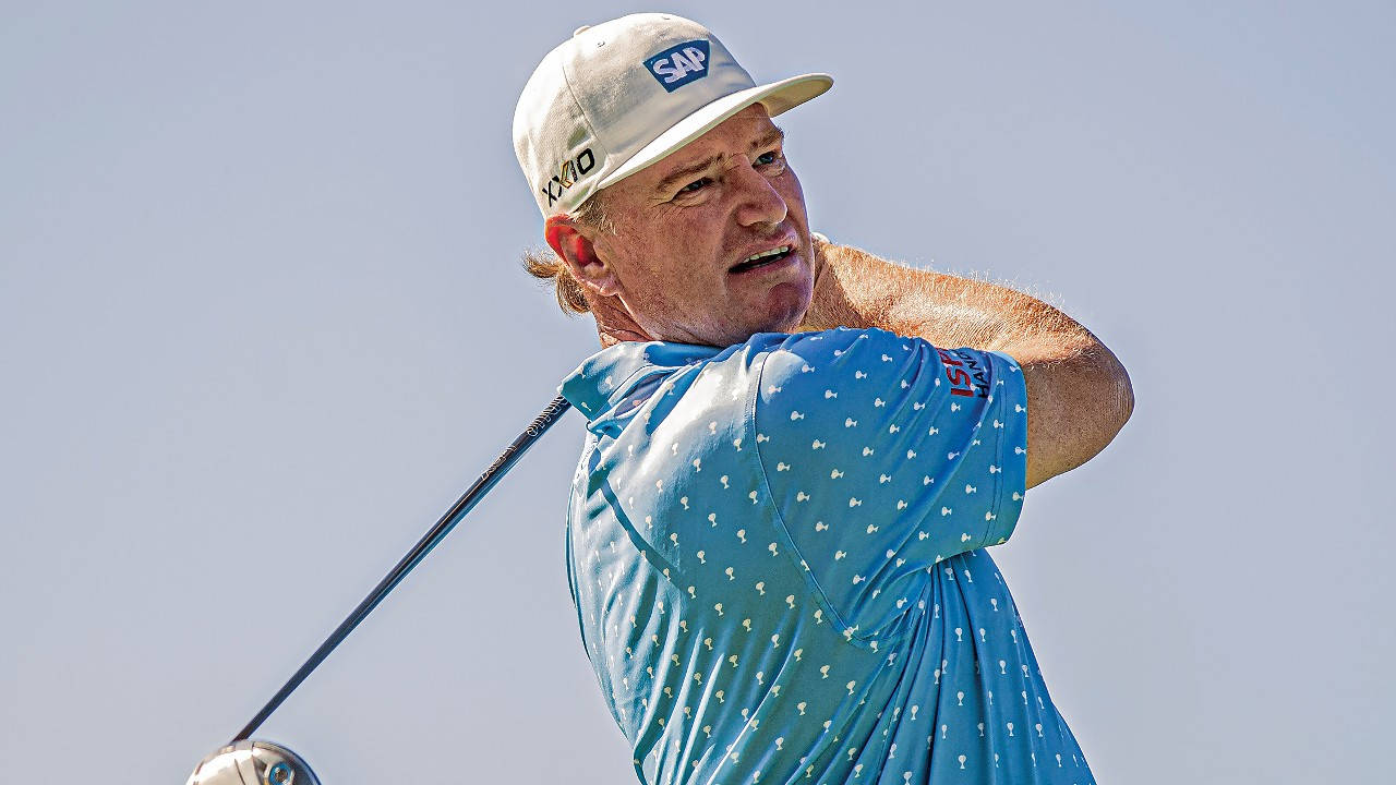 Ernie Els, blue patterned shirt, white cap, HD Desktop Wallpaper
