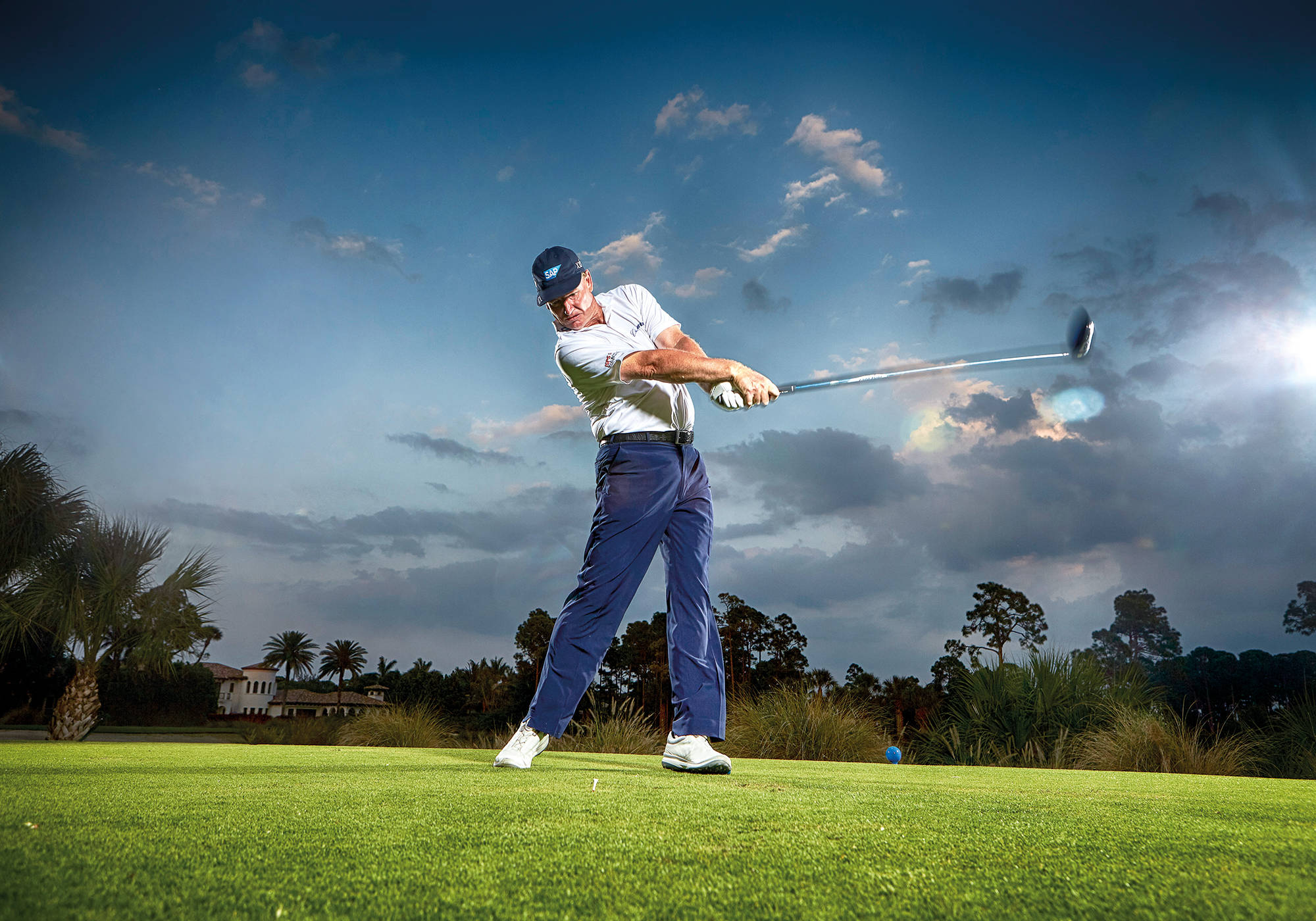 Ernie Els, lush green course, twilight sky, Full HD Desktop Wallpaper