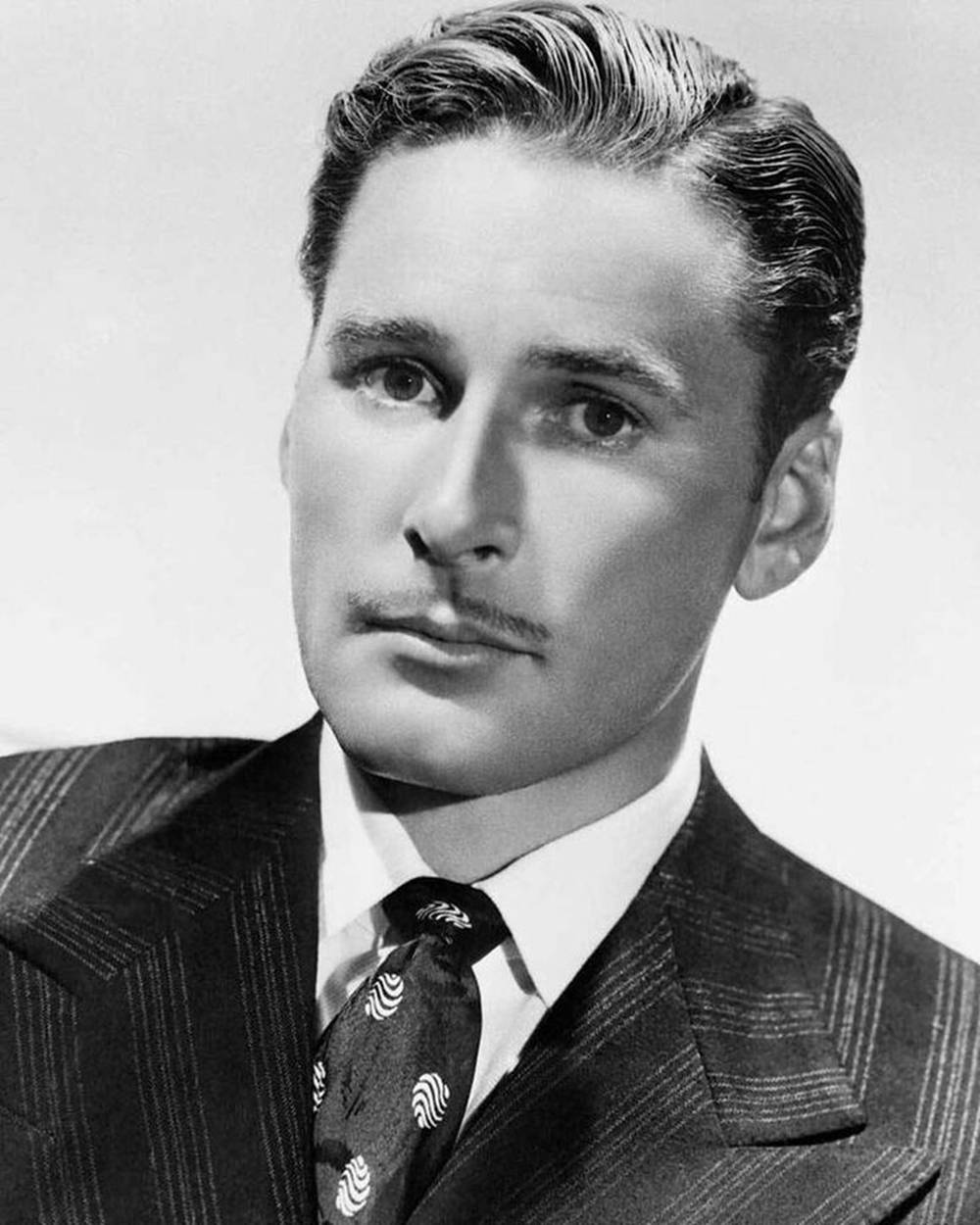 Errol Flynn, black and white portrait, pinstripe suit, SD Phone Wallpaper