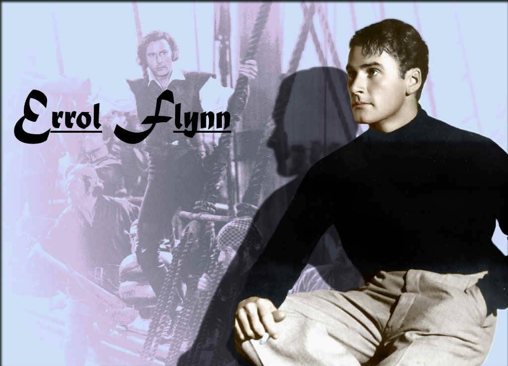 Errol Flynn, black turtleneck, faded sepia-toned backdrop, SD Desktop Wallpaper