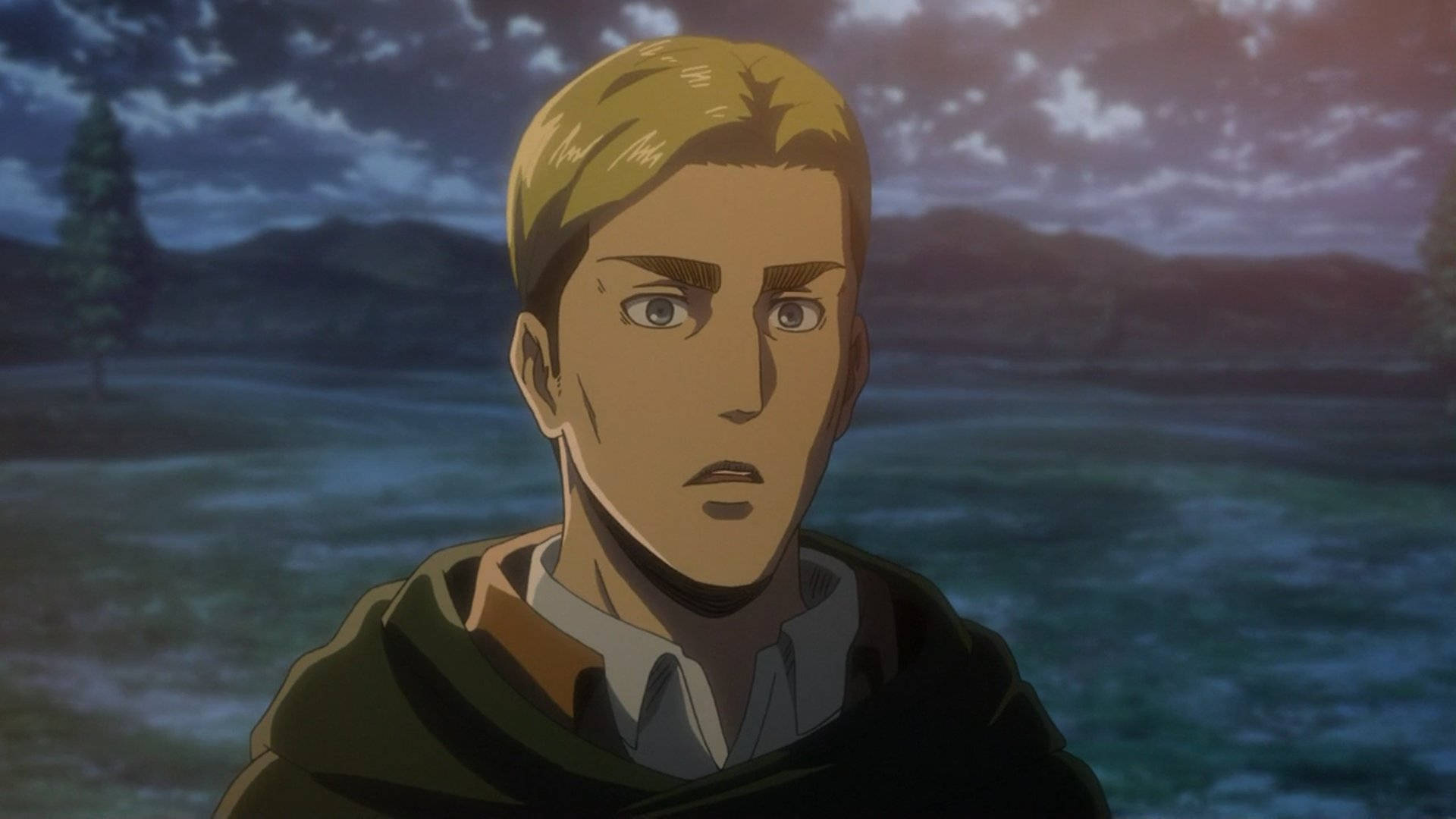 Erwin Smith, blonde anime male character, twilight lake, Full HD Desktop Wallpaper