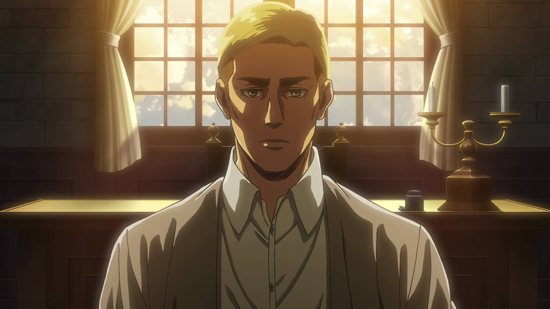 Erwin Smith, blonde anime man, white shirt, Full HD Desktop Wallpaper