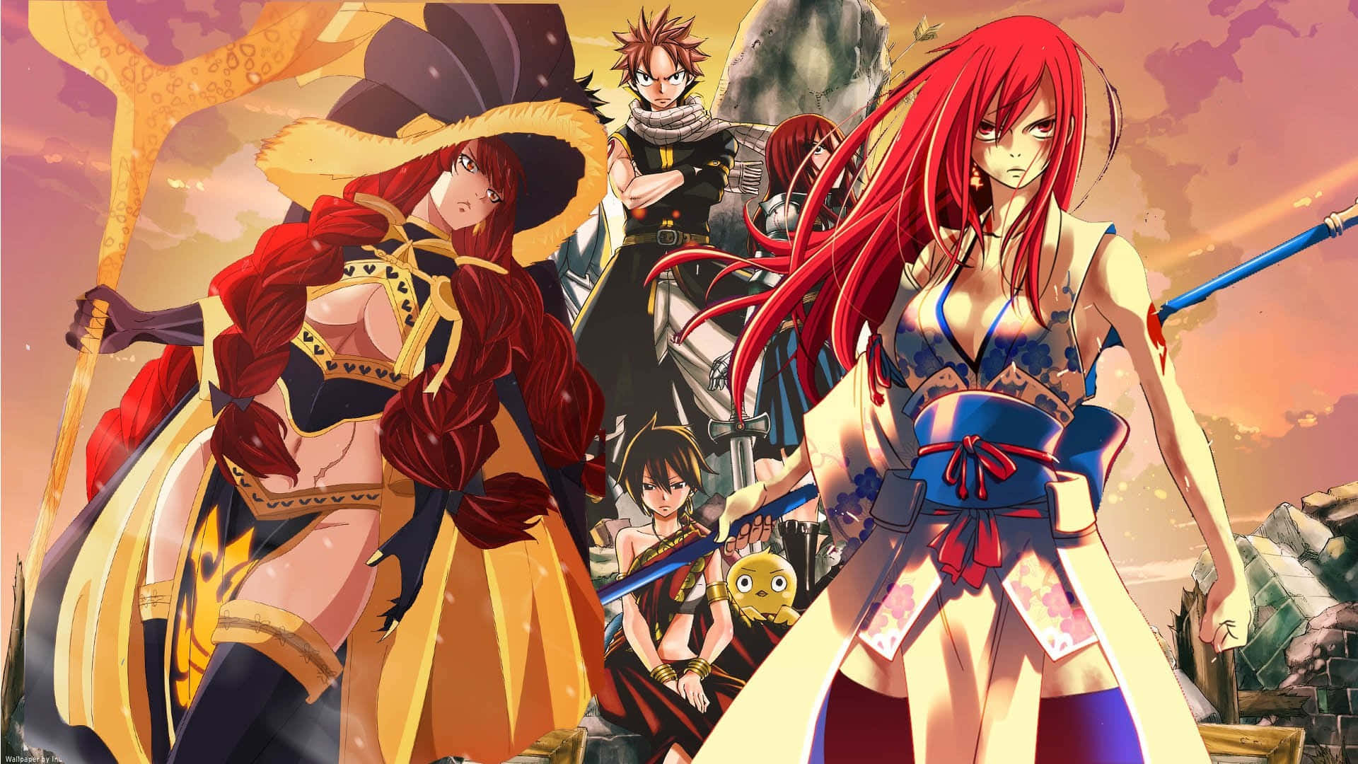 Erza Scarlet, vibrant sunset hues, rocky backdrop, Full HD Desktop Wallpaper