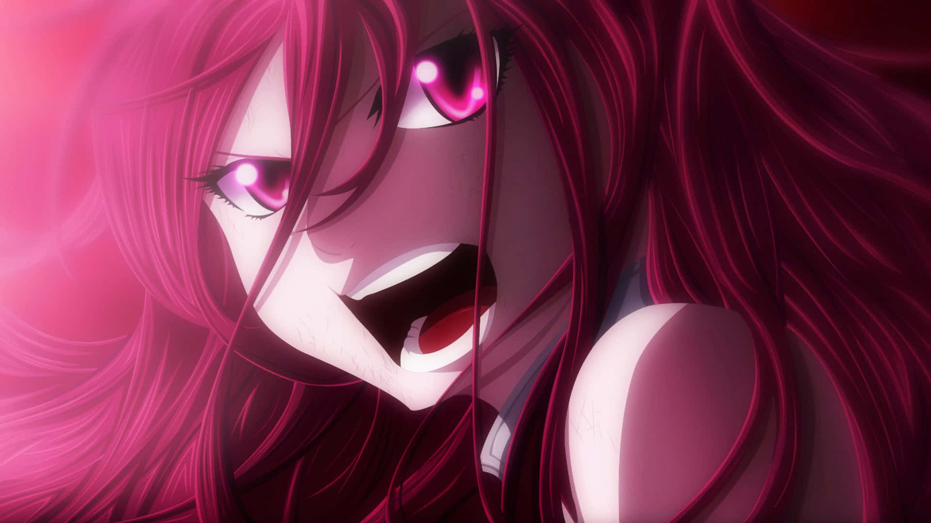 Erza Scarlet, long pink hair, glowing pink eyes, Full HD Desktop Wallpaper