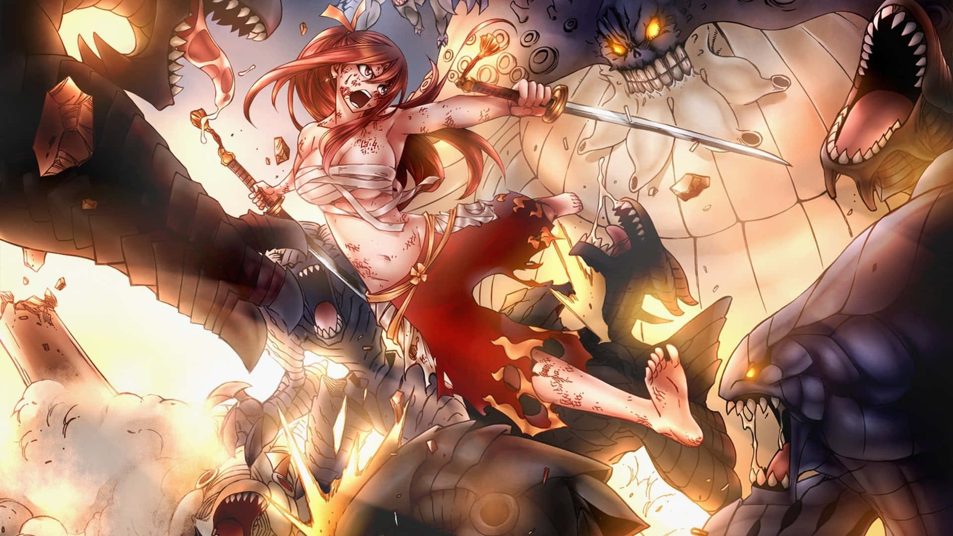 Erza Scarlet, red hair, fiery battle scene, Full HD Desktop Wallpaper