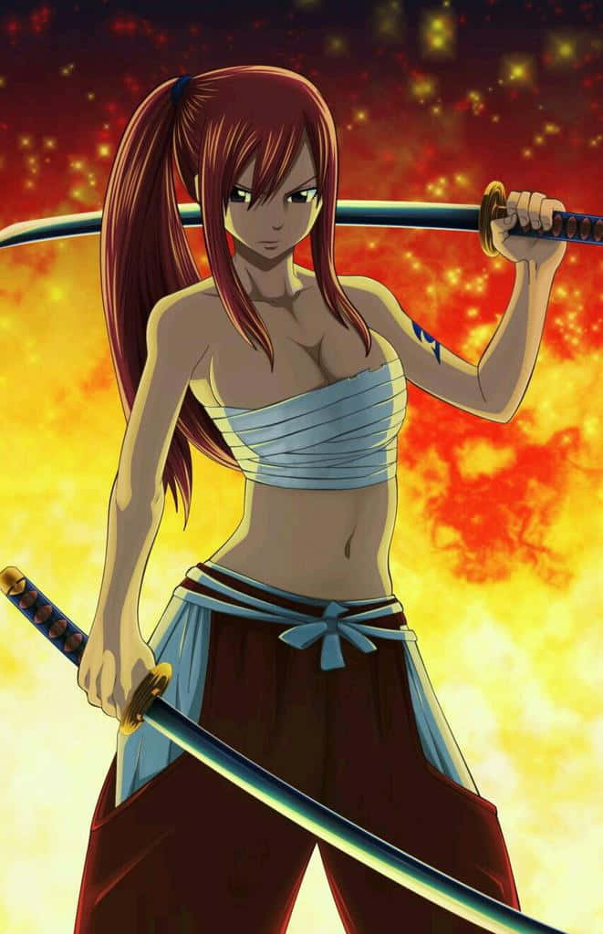 Erza Scarlet, red hair, two swords, SD Phone Wallpaper