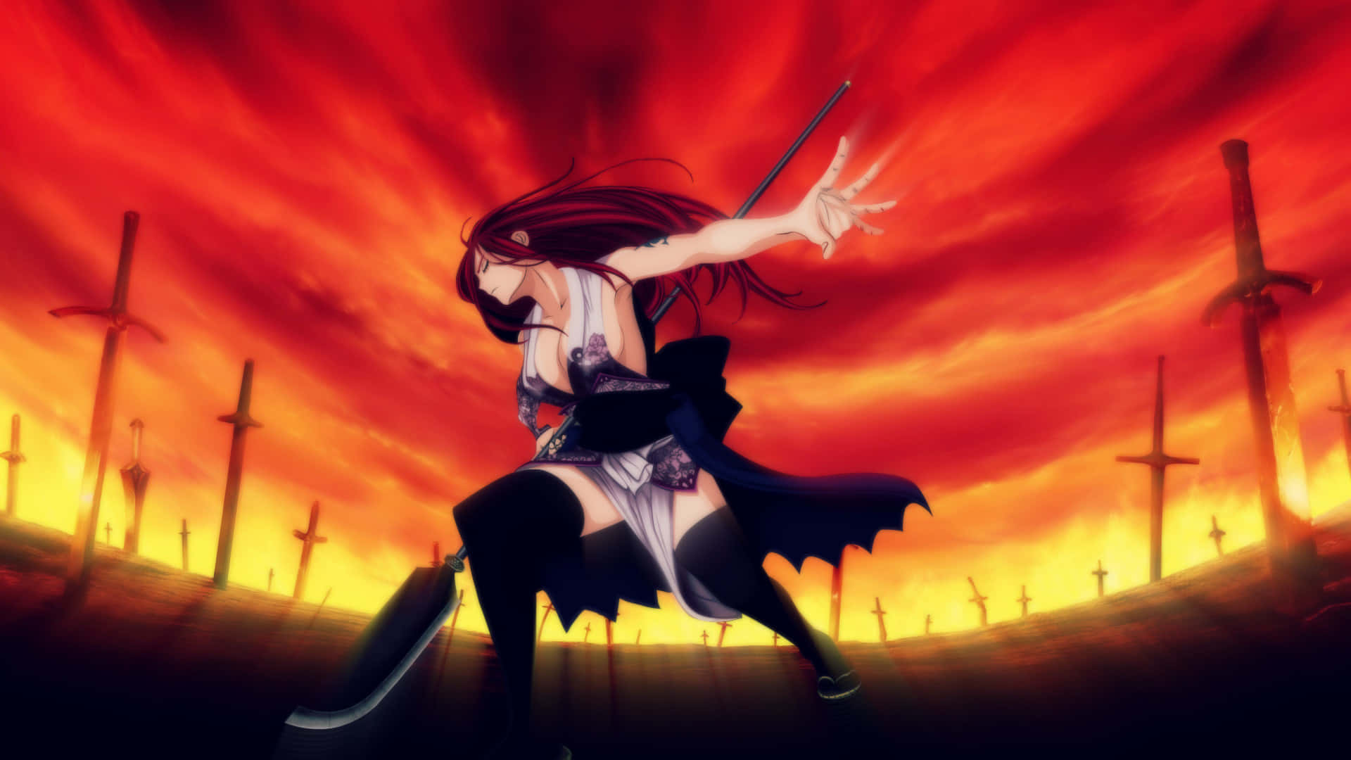 Erza Scarlet, red-haired anime warrior, field of swords, Full HD Desktop Wallpaper