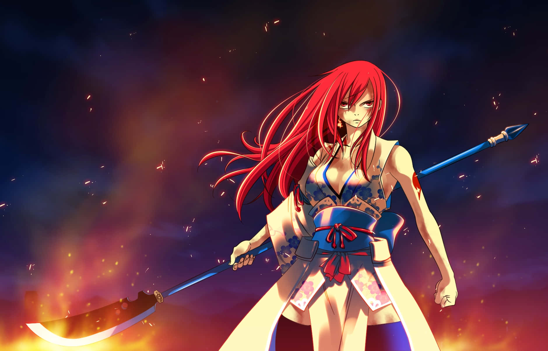 Erza Scarlet, fiery red-haired, blue and white outfit, HD Desktop Wallpaper