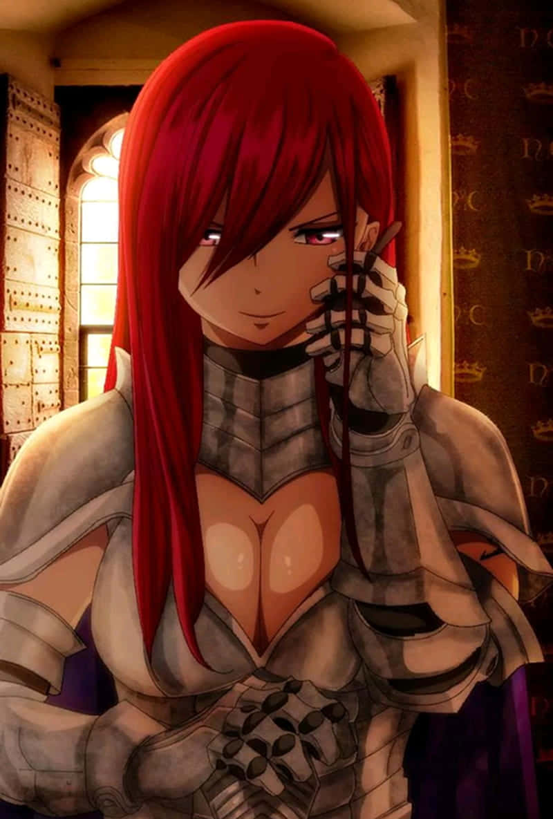 Erza Scarlet, red-haired anime knight, detailed armor, SD Phone Wallpaper