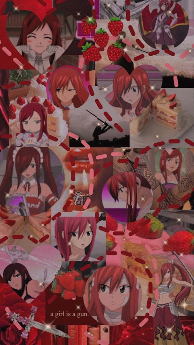 Erza Scarlet, strawberries cake, sparkles, SD Phone Wallpaper