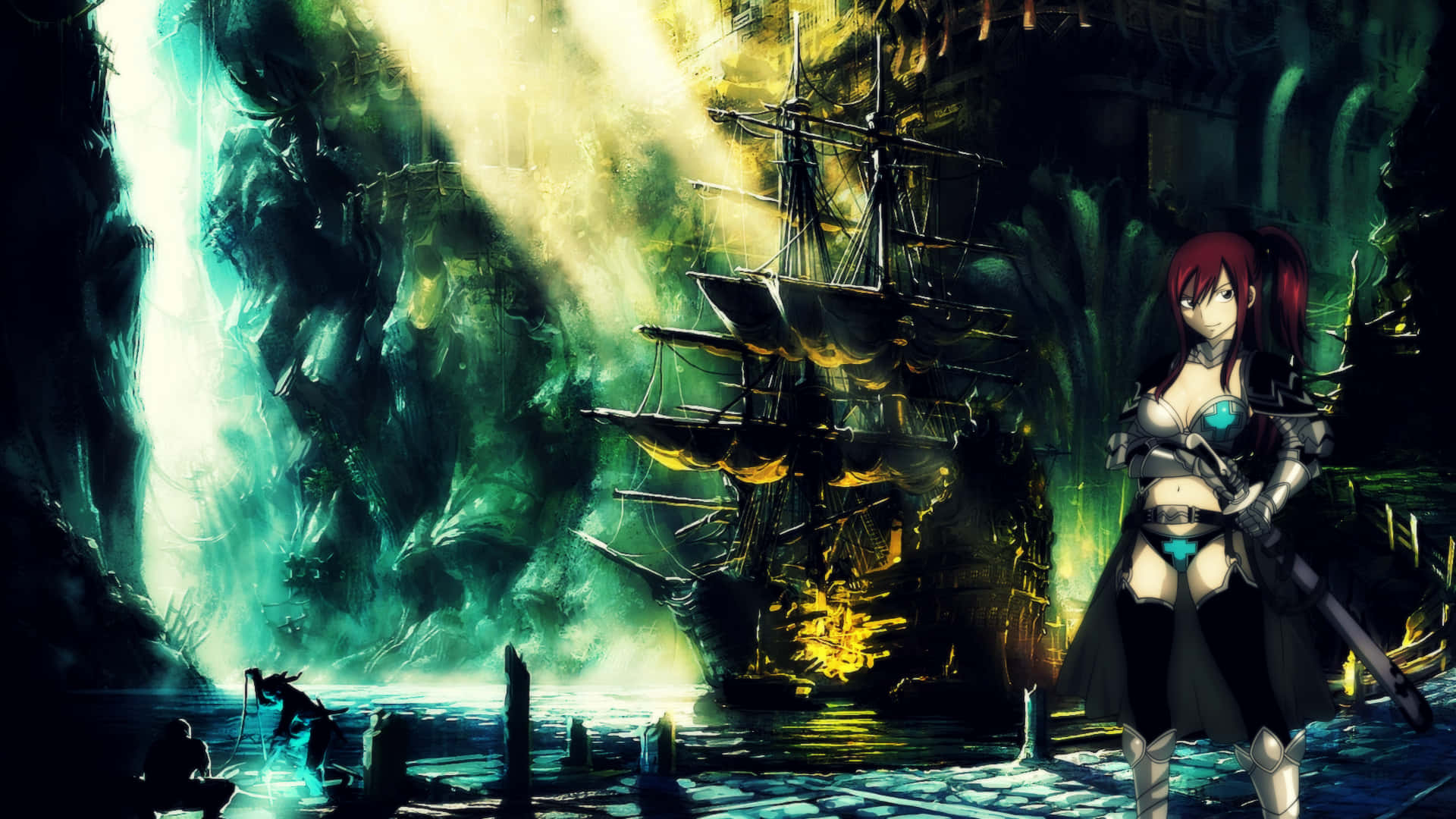 Erza Scarlet, red-haired anime warrior, glowing shipwreck, Full HD Desktop Wallpaper