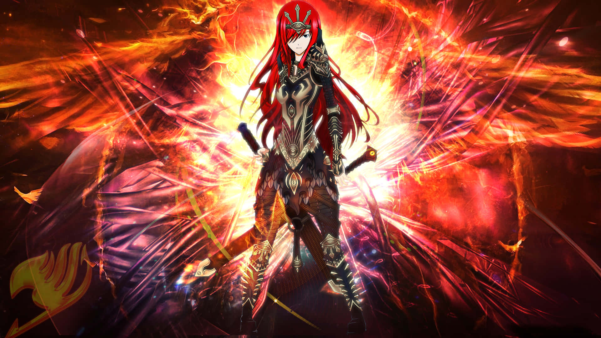 Erza Scarlet, red hair, ornate armor, Full HD Desktop Wallpaper