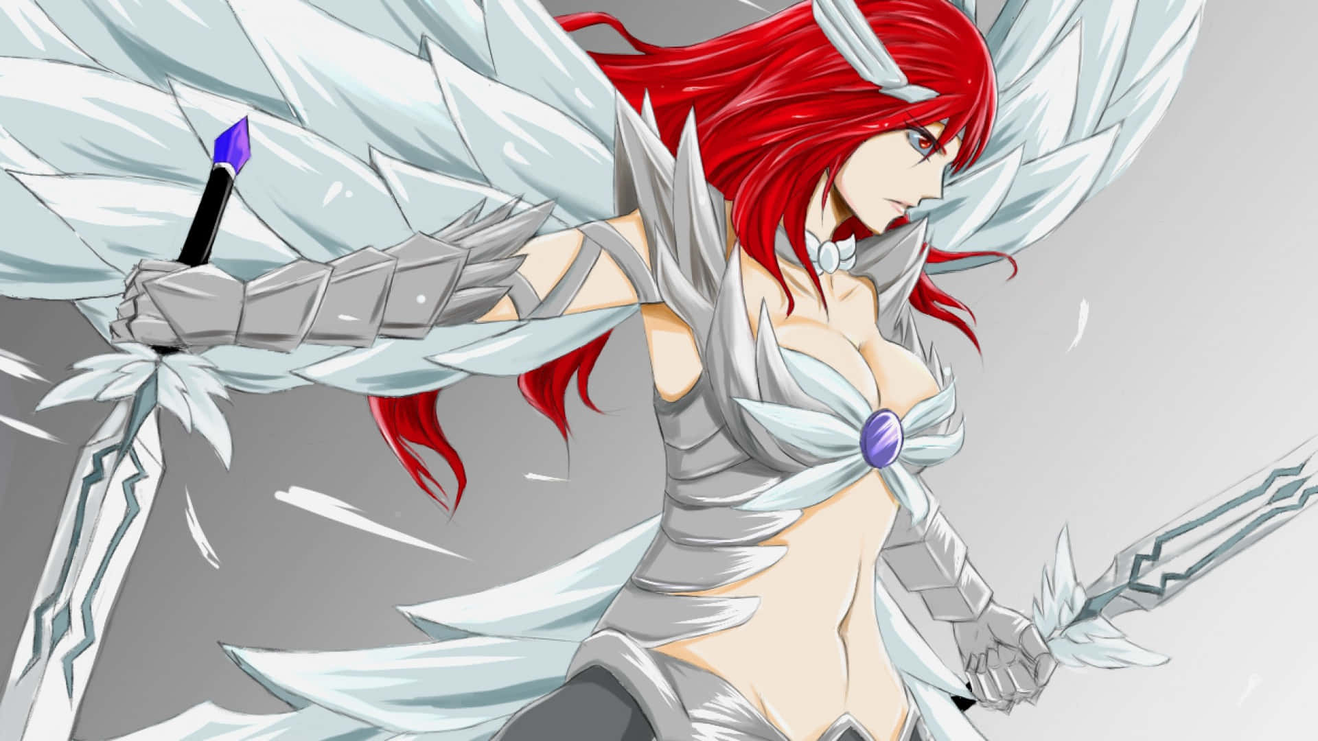 Erza Scarlet, red-haired, silver wings, Full HD Desktop Wallpaper