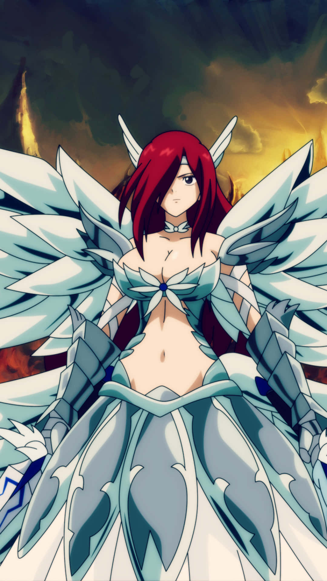 Erza Scarlet, red-haired, large white feathered wings, Full HD Phone Wallpaper
