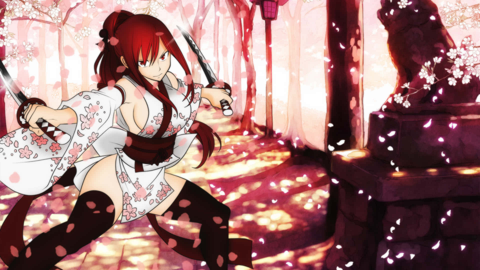 Erza Scarlet, cherry blossom kimono, twin swords, Full HD Desktop Wallpaper
