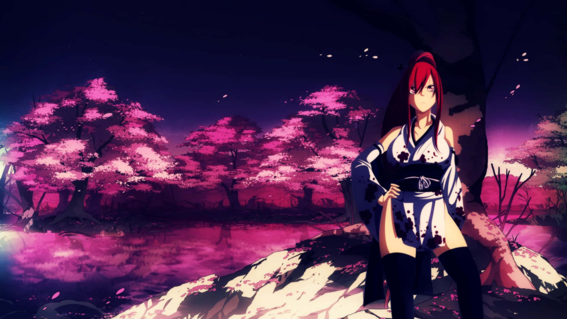 Erza Scarlet, floral kimono, glowing pink cherry blossoms, Full HD Desktop Wallpaper