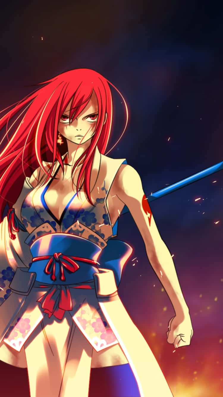 Erza Scarlet, blue floral armor, glowing sword, HD Phone Wallpaper