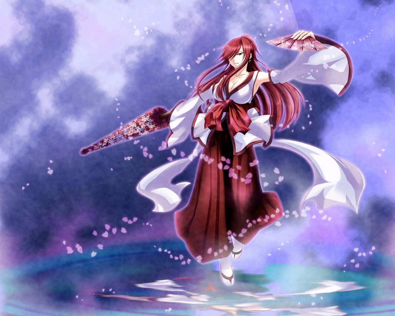 Erza Scarlet, red-haired anime girl, flowing red and white kimono, HD Desktop Wallpaper
