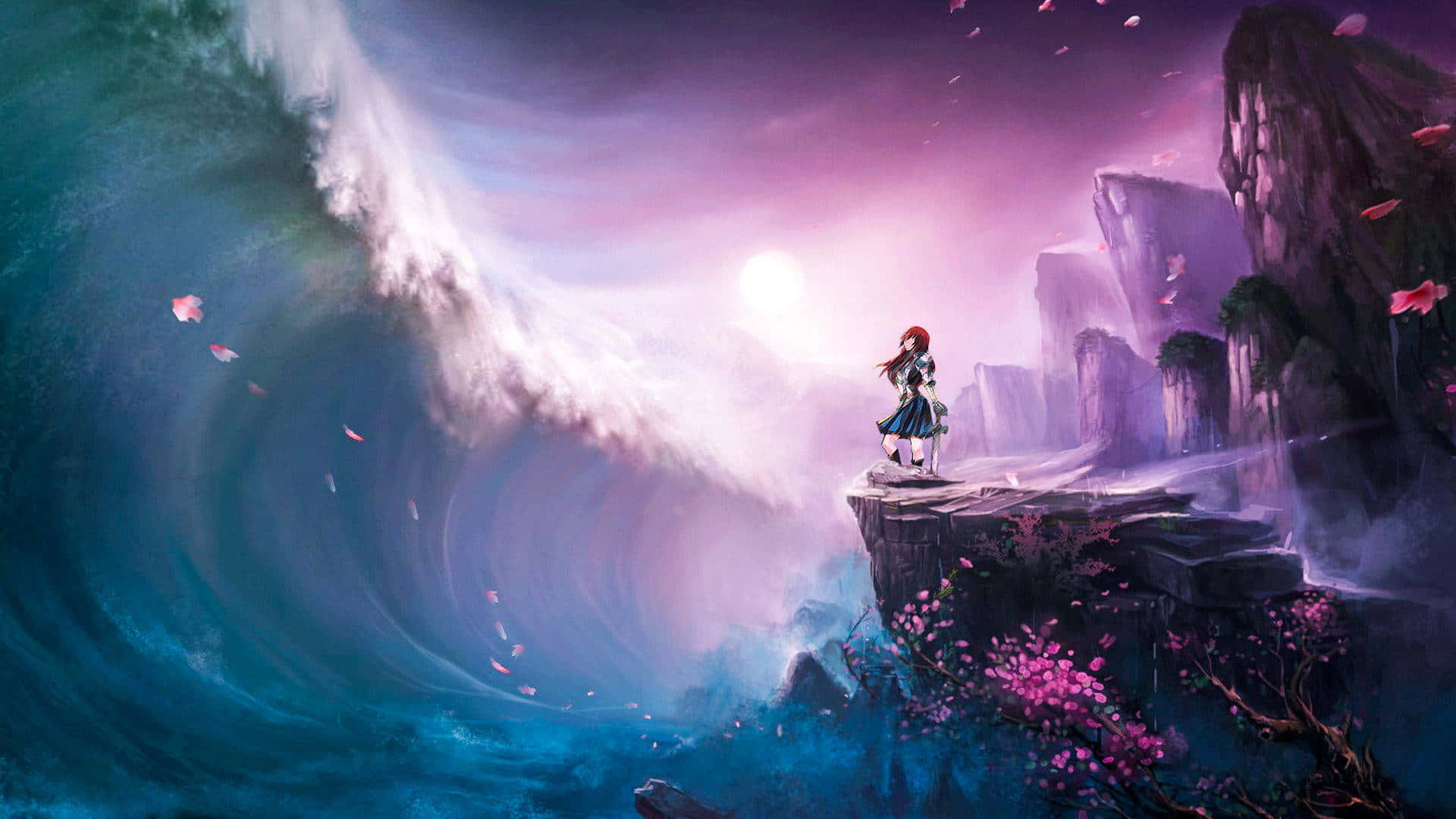 Erza Scarlet, cliff edge, colossal wave, Full HD Desktop Wallpaper