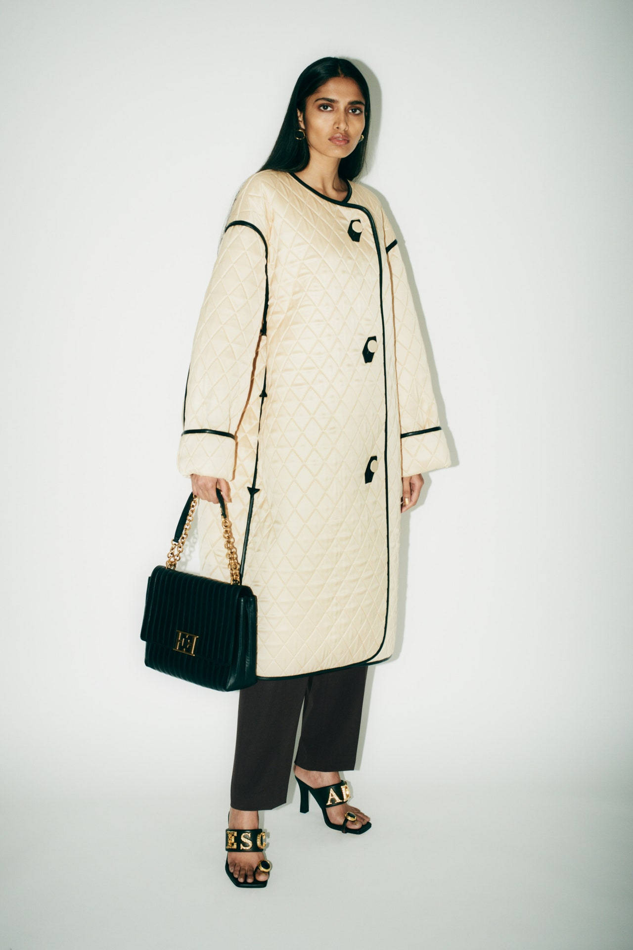 Escada, resort 2021, cream quilted coat, Full HD Phone Wallpaper