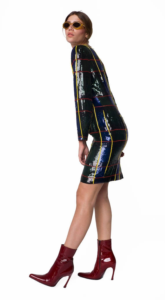 Escada, dark green and red plaid sequin dress, bold yellow trim, SD Phone Wallpaper