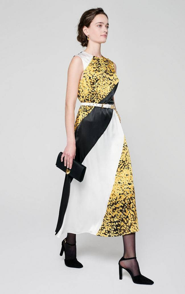 Escada, sequined dress, bold yellow black and white patterned dress, SD Phone Wallpaper