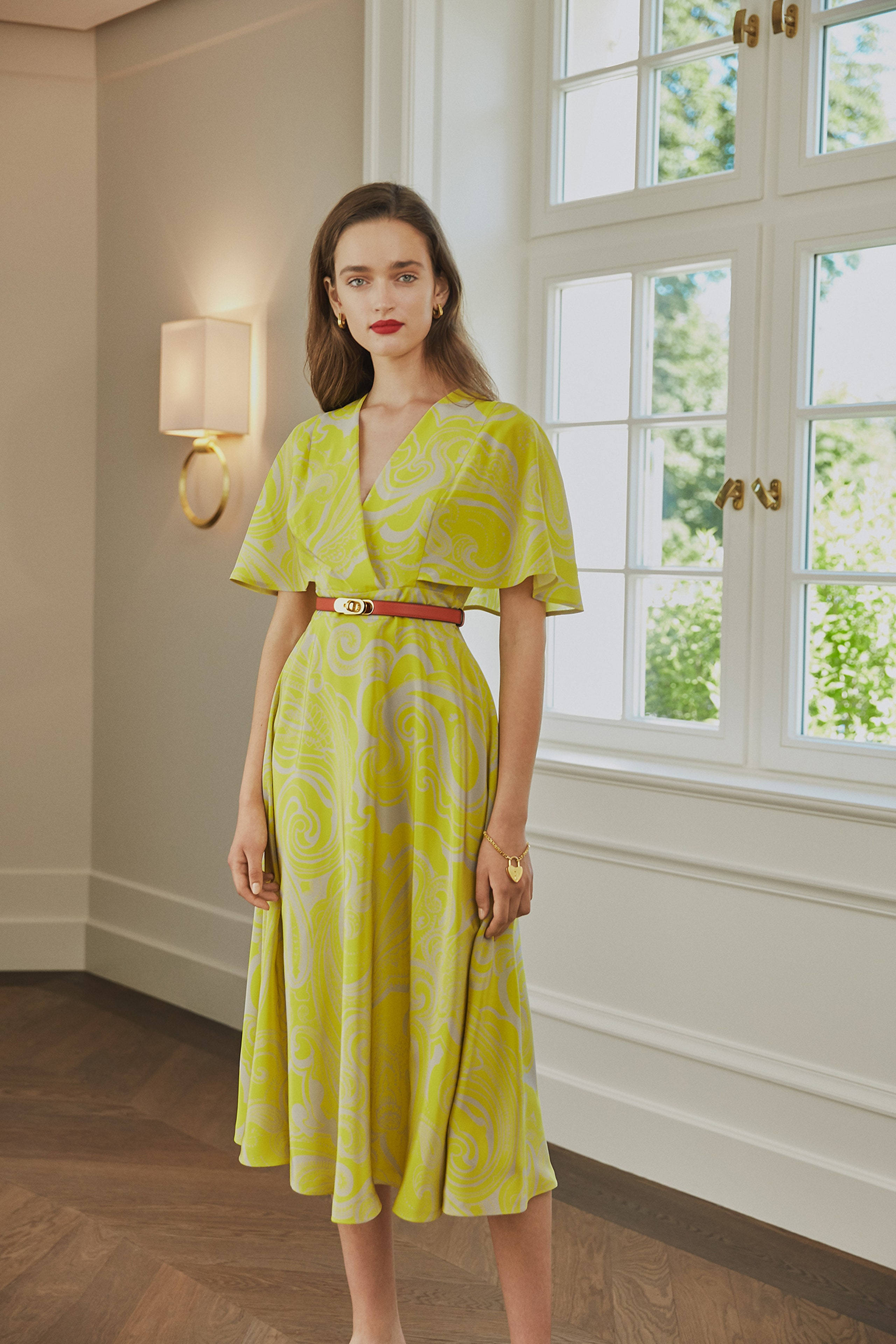 Escada, Spring 2020, vibrant yellow patterned dress, 4K Phone Wallpaper