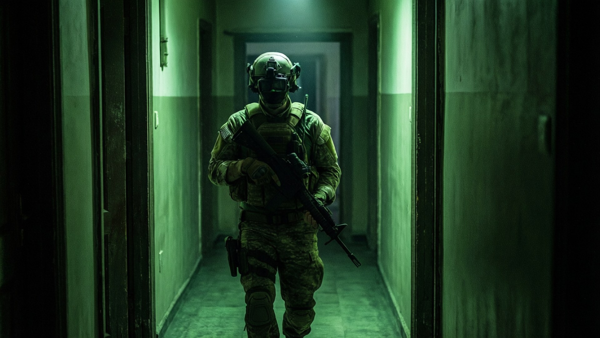 Night Vision, hallway, soldier, Full HD Desktop Wallpaper