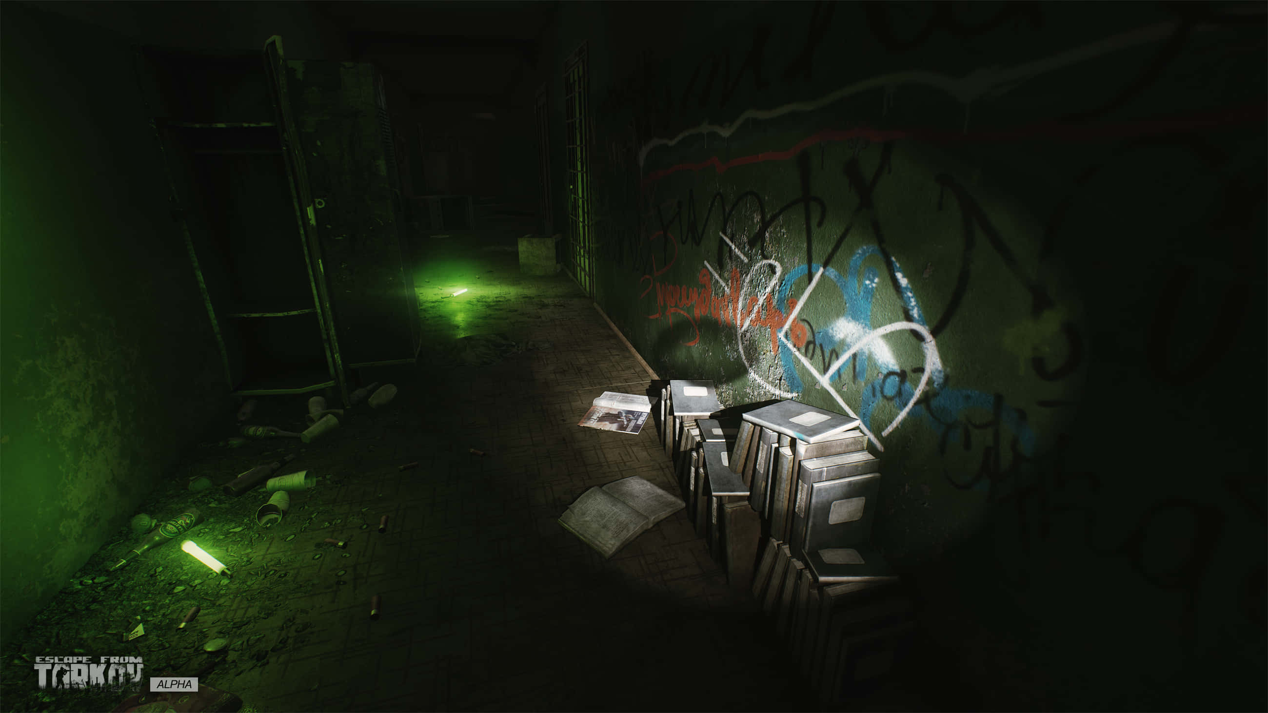 Escape From Tarkov, dark corridor, graffiti, 2K Desktop Wallpaper