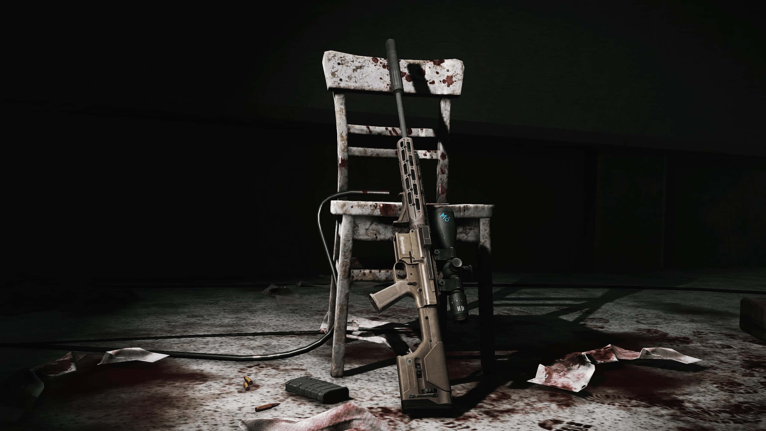 Tarkov, interrogation room, bloodstained rifle, 2K Desktop Wallpaper