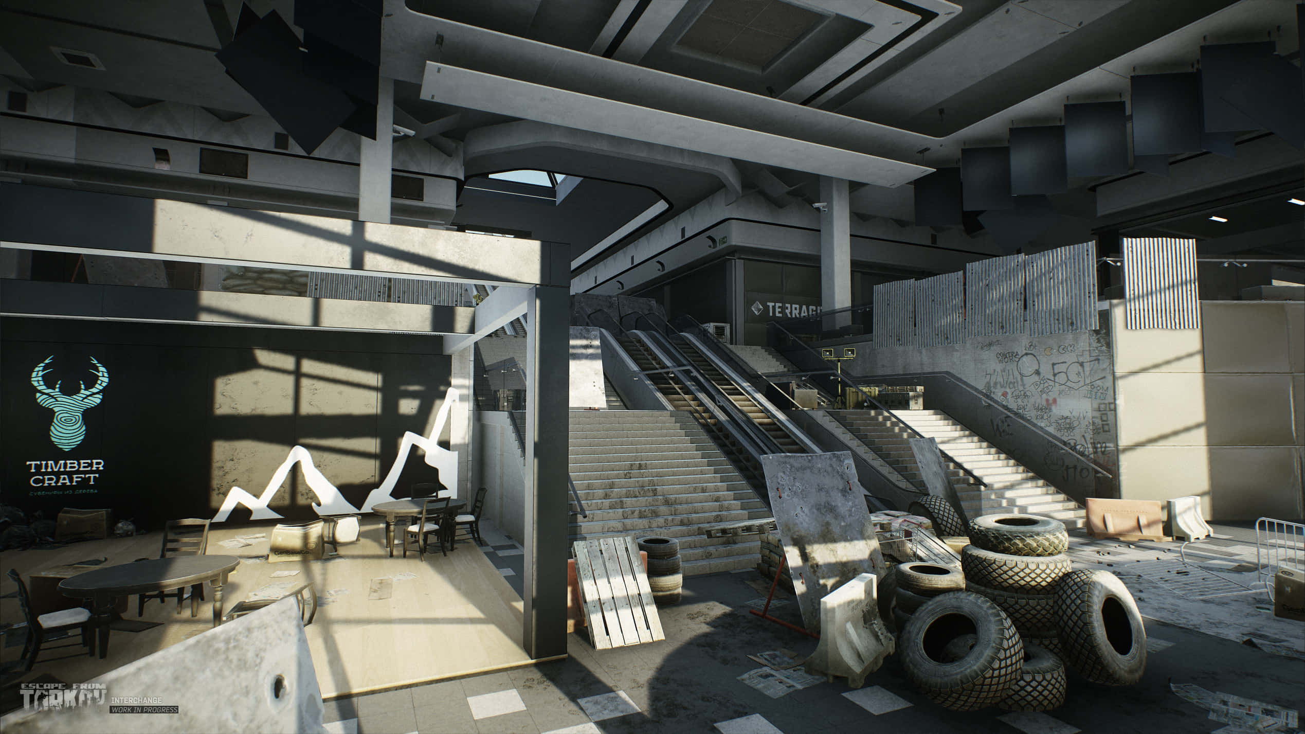 Escape From Tarkov, abandoned mall interior, sunlit staircases, Full HD Desktop Wallpaper